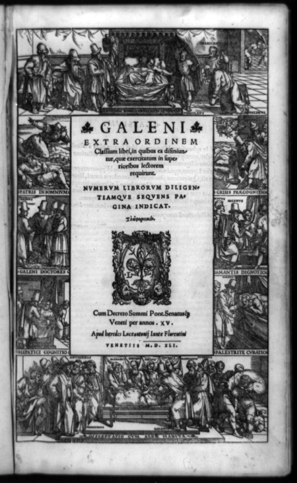 Title page of Extra ordinem classium libri, with border illustrations showing medical scenes from life of Galen, physician to Marcus Aurelius LCCN92517359