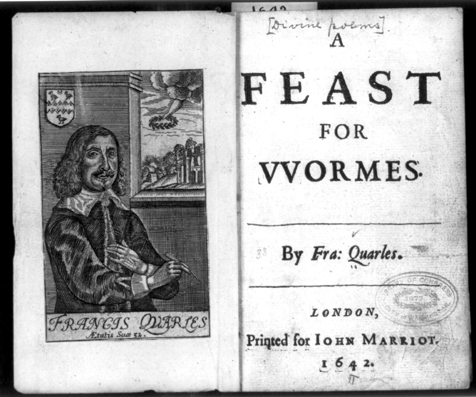 Title page of A Feast for Wormes 1642 (Jonah) by Francis Quarles, and wood engraving portrait of the author LCCN2003665238