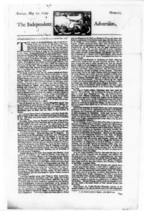 Title page of The Independent Advertiser, Boston, May 22, 1749 LCCN2007681644