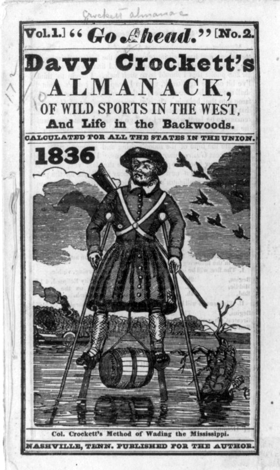 Title page from Davy Crockett's Almanack (1836), vol. 1, no. 2, illus. with Crockett's method of wading the Mississippi (on stilts) LCCN2004665659