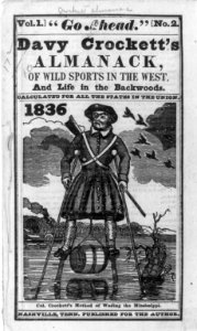 Title page from Davy Crockett's Almanack (1836), vol. 1, no. 2, illus. with Crockett's method of wading the Mississippi (on stilts) LCCN2004665659