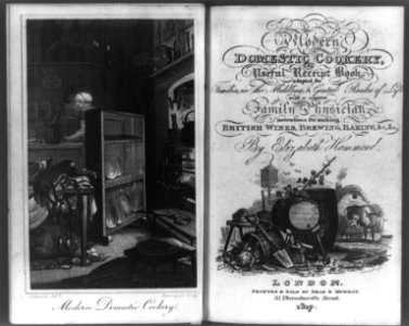 Title page of 1817 cookery book showing woman milking cow, implements and containers, food, woman working in kitchen LCCN93507624