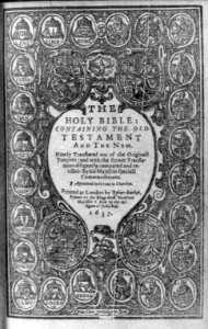 Title page of The Holy Bible (printed at London by Robert Barker, 1637) bordered by symbols of the 12 Tribes of Israel, oval portraits of the 12 Apostles, and of the 4 Evangelists & their LCCN2004678784