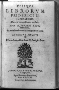 Title page of De arte venandi cum avibus, with pine tree and banner Honos erithuic quoqum pomo LCCN92516845