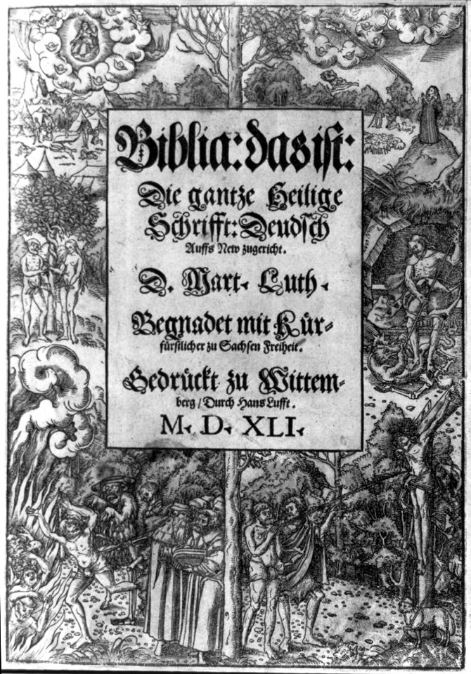 Title page, bordered with numerous New Testament scenes, of German Bible LCCN2005692135
