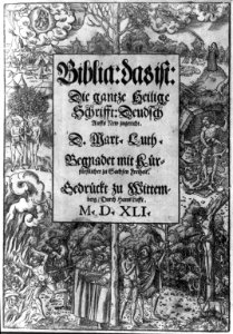Title page, bordered with numerous New Testament scenes, of German Bible LCCN2005692135