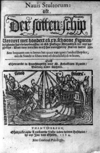 Title page of Sebastian Brant's Ship of Fools with woodcut illustration of crowded ship- Nauis stultorum LCCN2003671013