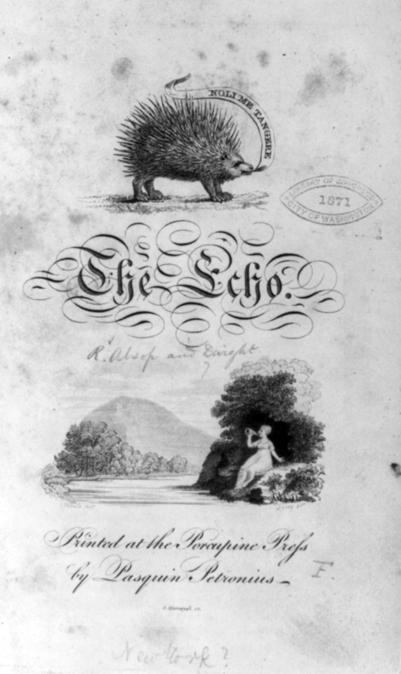 Title page of The Echo, illustrated with porcupine and woman seated on bank of stream LCCN2002705934