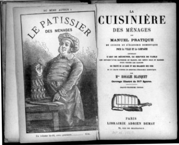 Title page of Rosalie Blanquet, La Cuisiniere de menages and frontispiece showing cook holding a rose over a cake LCCN2002715942