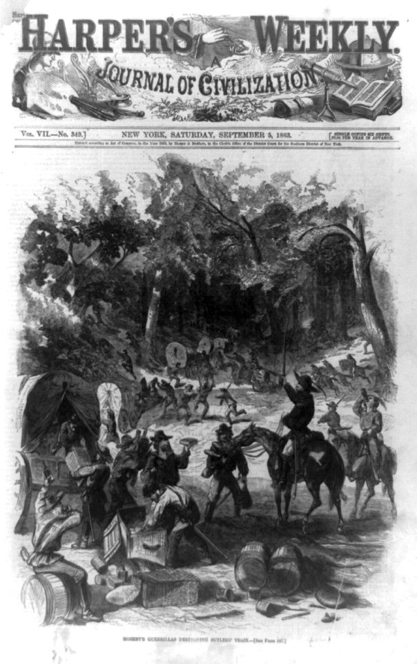 Title page of Harper's weekly, September 5, 1863, showing Mosby's guerrillas destroying sutlers' train LCCN93514858