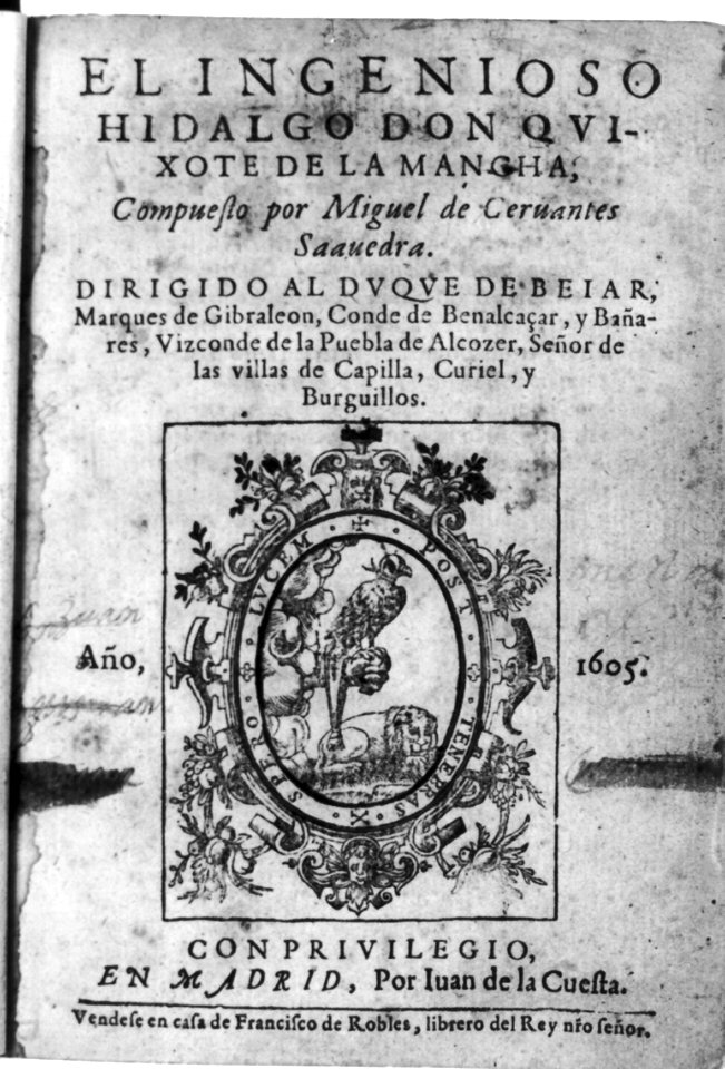 Title page, showing hawk on arm, in Miguel de Cervantes Saavedra, El ingenioso hidalgo don Qvuixote de la Mancha..., Madrid, I. de la Cuesta, 1605 LCCN2005692059