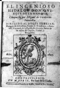 Title page, showing hawk on arm, in Miguel de Cervantes Saavedra, El ingenioso hidalgo don Qvuixote de la Mancha..., Madrid, I. de la Cuesta, 1605 LCCN2005692059