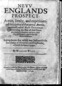 Title page, with no illus., in William Wood, Nevv Englands prospect, London, by T. Cotes for J. Bellamie, 1634 LCCN2005692025