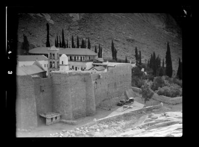 To Sinai by car. St. Katherine's (i.e., St. Catherine's) Monastery in Sinai showing outer walls, belfry, and minaret LOC matpc.15568