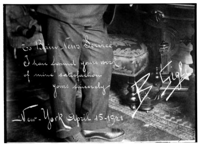 To Bain New Service, I have found your work of mine satisfaction, yours sincerely, B. Gigli, New-York, April 15, 1921 LCCN2014712792