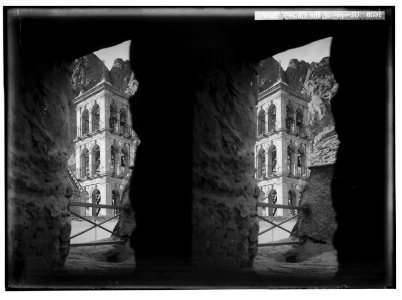 To Sinai via the Red Sea, Tor, and Wady Hebran. Glimpse of the church belfry (Monastery of St. Catherine). LOC matpc.02039