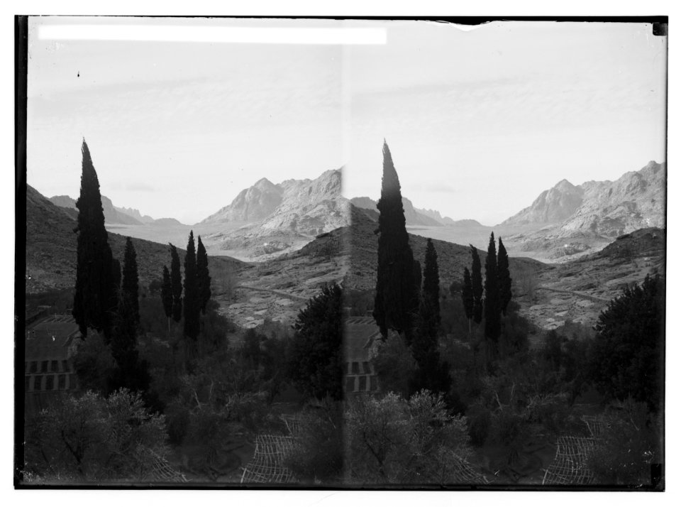 To Sinai via the Red Sea, Tor, and Wady Hebran. The garden of the monastery (i.e., Monastery of St. Catherine) with Wady Er-Raha. LOC matpc.02027