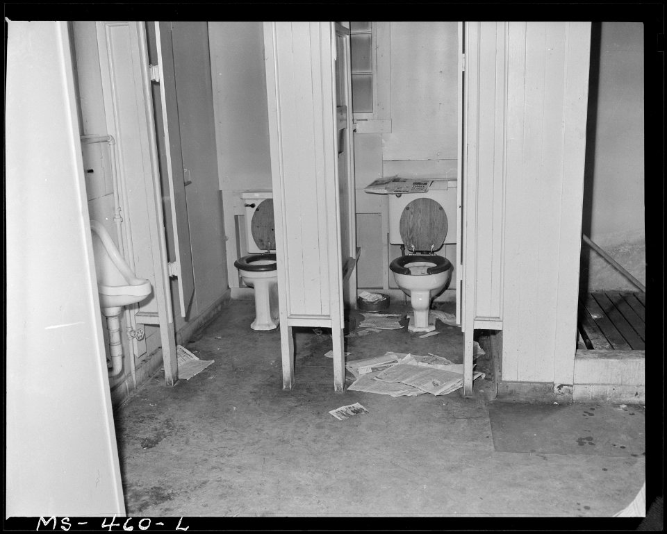 Toilet facilities in miner's bachelor quarters in company housing project. Utah Fuel Company, Sunnyside Mine... - NARA - 540425