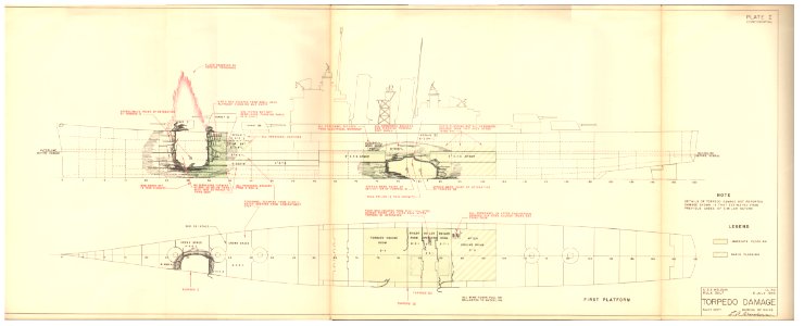 Torpedo damage plan of USS Helena (CL-50) in the Battle of Kuly Gulf, 6 July 1943 (C l5001)