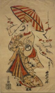 Nakamura Senya I as Tokonatsu in 'Mitsudomoe katoku biraki' by Torii Kiyomasu I