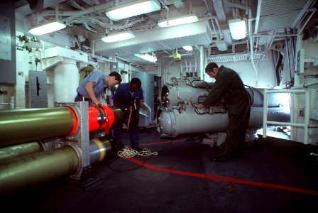 Torpedo handling on USS Leftwich (DD-984) 1986 photo