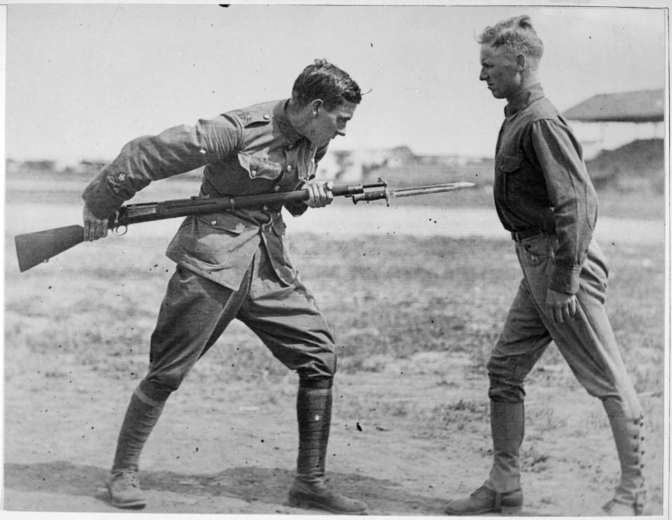 Training Camp Activities. Bayonet fighting instruction by an English Sergeant Major, Camp Dick, Texas - NARA - 533637