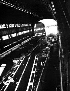Training aircraft carrier flight deck in hangar at NAES Lakehurst c1985