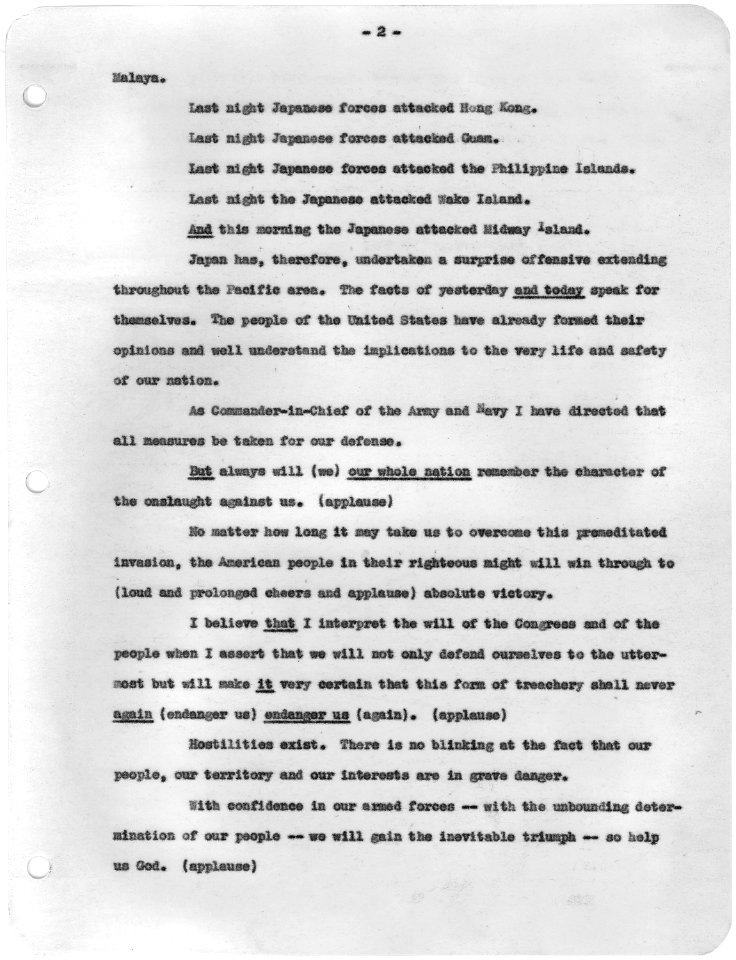 Transcript of Message to Congress Requesting Declaration of War Against Japan, 12-08-1941 (page 2 of 3) (5238211800)