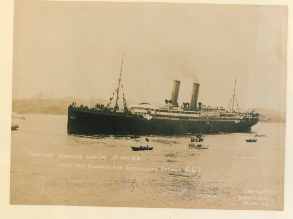 Transport Caledonia leaving St John, New Brunswick, with 26th Battalion and Ammunition Column CEF No 14 (HS85-10-30435) original