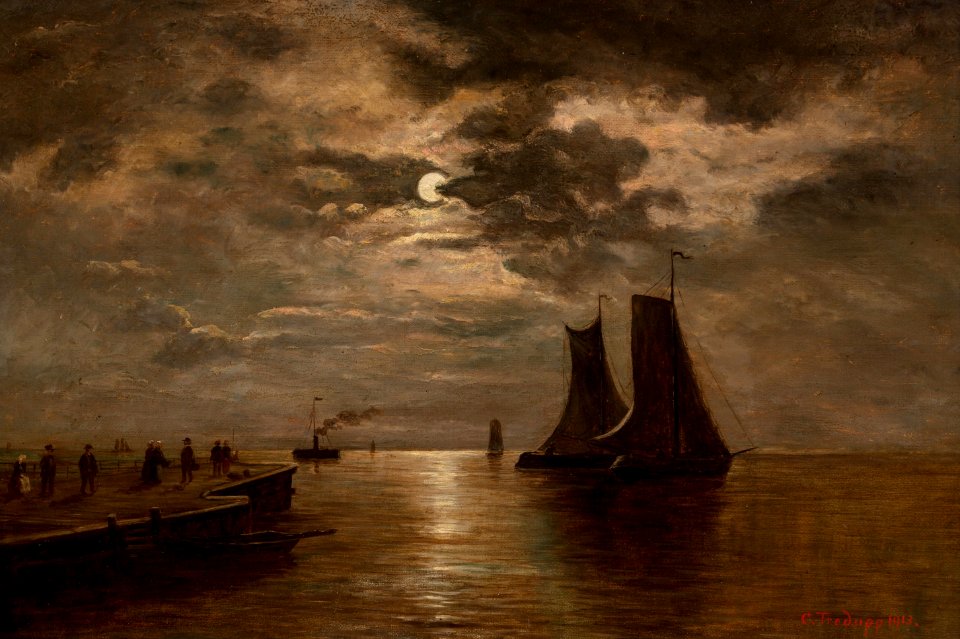 Evening View of Fishing Boats with Figures on a Pier by Charles Frederick Tredupp Jr