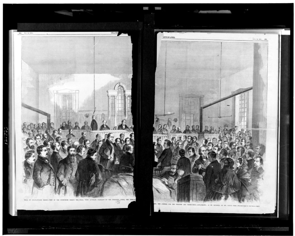 Trial of Ossawattamie (sic) Brown View of the court-room during the trial, with accurate portraits of the presiding judge, the twelve ... men, the counsel for the prisoner and prosecution, LCCN98513798