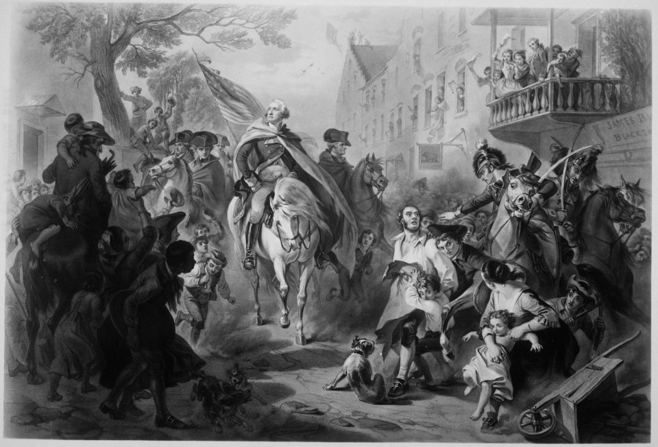 Triumph of Patriotism. George Washington entering New York, 1783. Copy of print by A. H. Ritchie after F.O.C. Darley., 1 - NARA - 532881