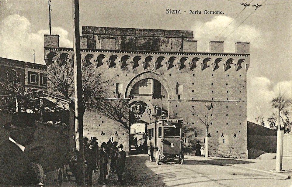 Trolleybus in front of Porta Romana in Siena