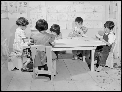 Tule Lake Relocation Center, Newell, California. Art time in the nursery school at this relocation . . . - NARA - 538346