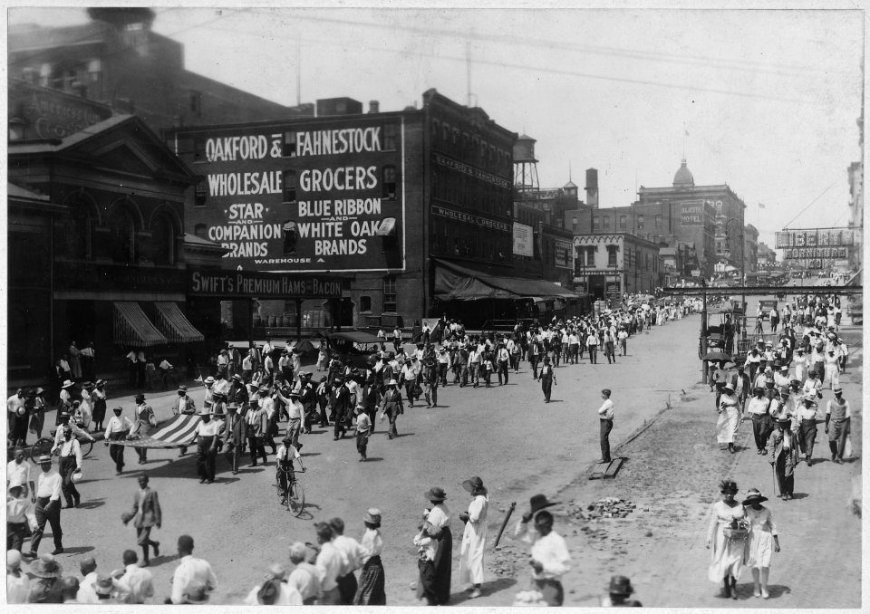 Troops departing for training camps. Minute Men escorting recruits (African American) recruits. - NARA - 533582