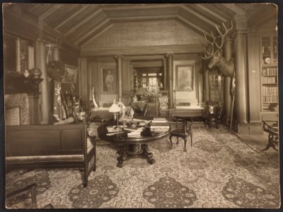 Trophy room at Sagamore Hill, summer home of President Theodore Roosevelt, with bison and elk heads on wall LCCN2013650861