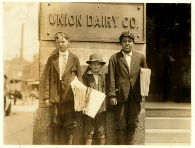 Truants selling papers at Jefferson & Washington 11 A.M. Monday May 9th, 1910. Smallest boy is Marvin Adams, 2637 Wahington Ave. Said he got his papers 'off'n de other feller.' Other boy is LOC cph.3c07781