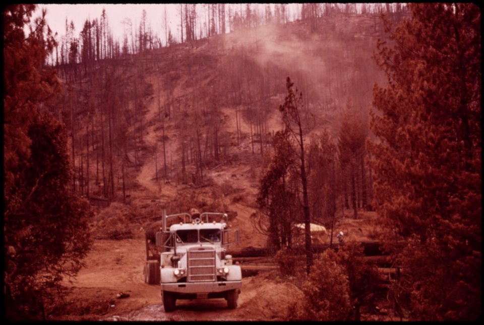 Truck-with-salvaged-timber-leaves-burn-site-for-trip-to-standard-crews-are-in-race-against-fall-snows-which-bring-a-virtual-halt-to-logging-in-the-area-september-1973 7007032096 o