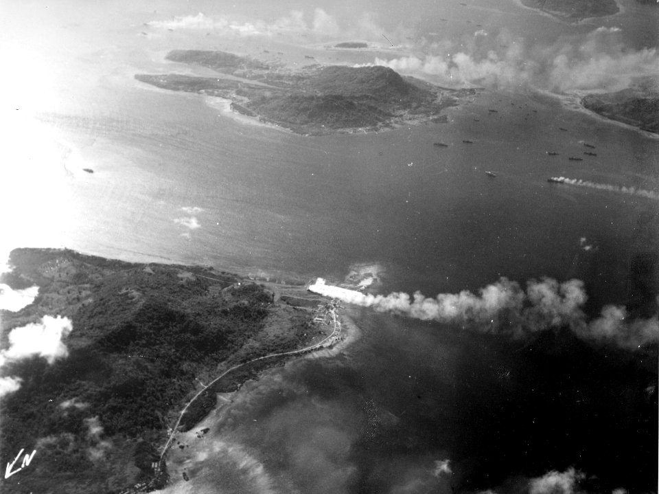 Truk Atoll under attack - aerial view from Moen 1944