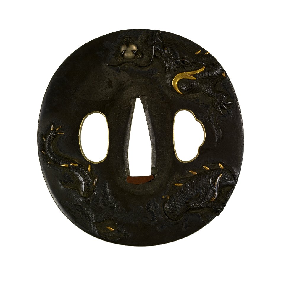Tsuchiya Yasuchika - Tsuba with a Dragon Ascending Through Mist Clutching a Jewel - Walters 51186