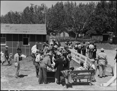 Turlock, California. Baggage is inspected as families arrive at Turlock Assembly center. Evacuees . . . - NARA - 537642