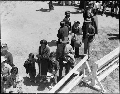 Turlock, California. These evacuees of Japanese ancestry are awaiting their turn for medical examin . . . - NARA - 537643