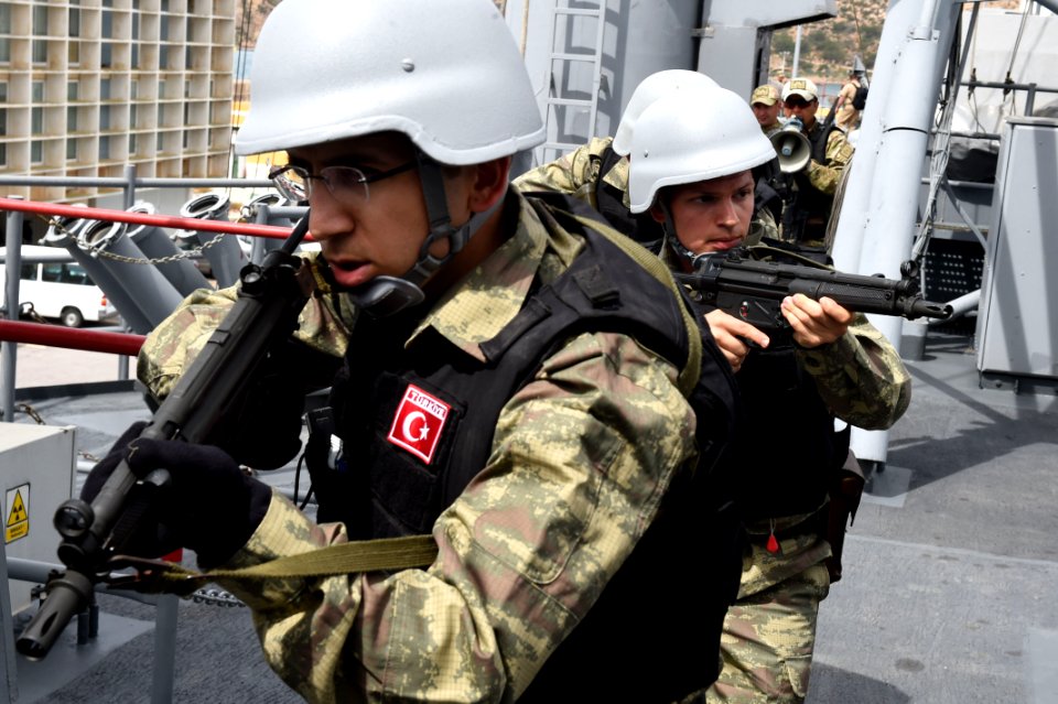 Turkish boarding teams practice tactical movements aboard the frigate TCG Gokceada (F-494), exercise Phoenix Express 2017, Cartagena, Spain, May 11, 2017