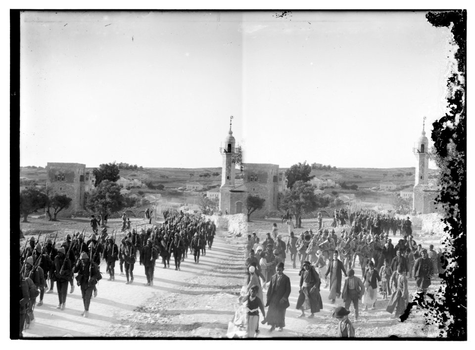 Turkish soldiers marching past Am. (i.e., American) Colony on Nablus Road (Jerusalem); (Another view of Turkish soldiers on Nablus Road) LOC matpc.06378