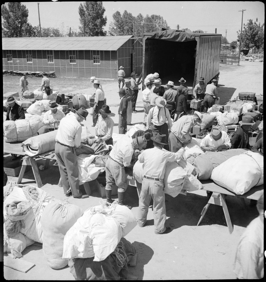Turlock, California. Baggage is inspected as families arrive at Turlock assembly center. Evacuees . . . - NARA - 537648