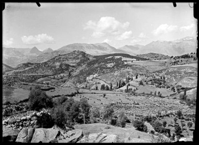 Turons amb camps i alguns arbres i muntanyes al fons, des de San Feliú de Veri (AFCEC SOLER D 0700)