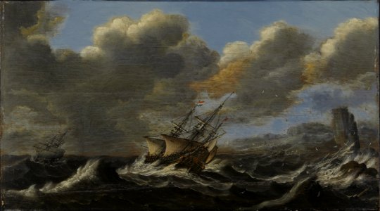 Två holländska krigsskepp seglar i storm utanför en klippig kust, från 1600-talet - Skoklosters slott - 98162