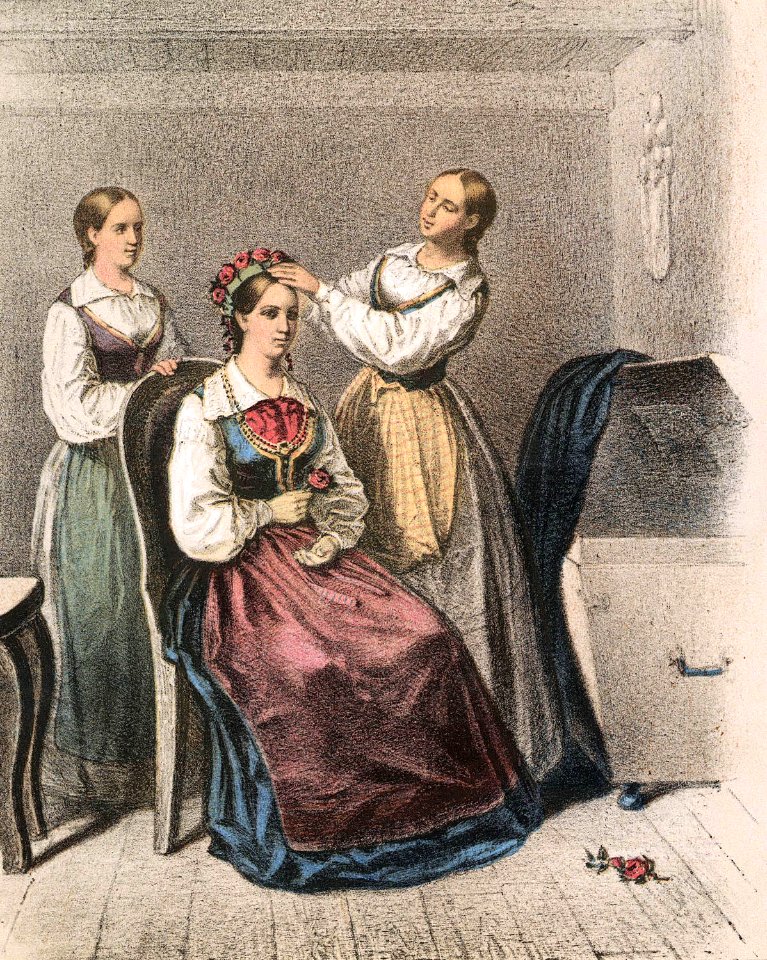 Två kvinnor klär en brud, Blekinge. Bildtryck - Nordiska Museet - NMA.0039151