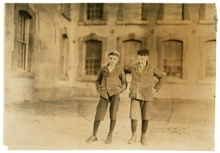 Two boys working in Coventry Co. Mill, Anthony, R. I. 6 P.M. April 16, 1909. I saw about 10 boys and girls who looked to be under 14 years of age. LOC nclc.01661