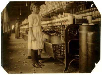 Twelve year old Selina Wall working at spooling room in the Brazos Valley Cotton Mill, West, Tex. Their Family Record says she was born, March 23, 1901. Her mother said- 'She's just taking LOC nclc.02866